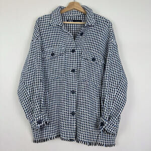 Zara Women’s Tweed Houndstooth Oversized Button-Up Shacket Jacket M Ruffle Boho